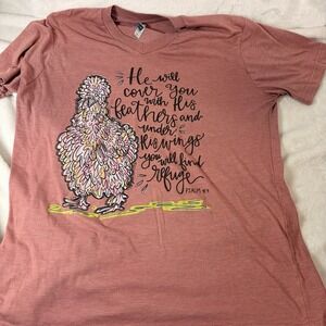 Christian LIF Apparel Pink V-Neck Graphic Tee Feathered Chicken Psalm 91:4 L EUC
